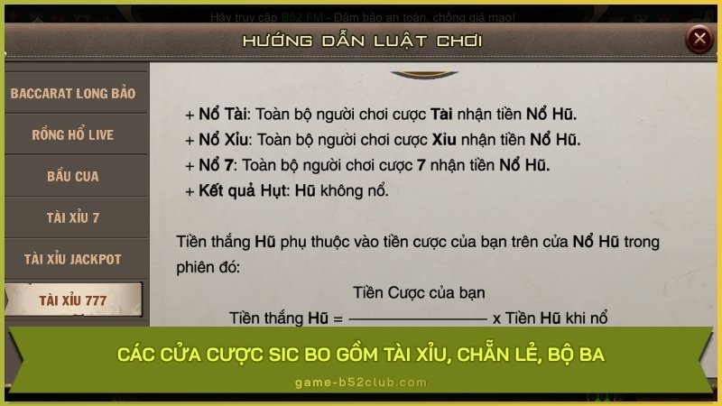 Các cửa cược Sic Bo gồm tài xỉu, chẵn lẻ, bộ ba
