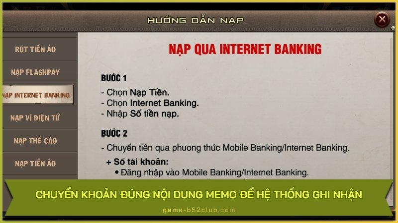 Chuyển khoản đúng nội dung memo để hệ thống ghi nhận