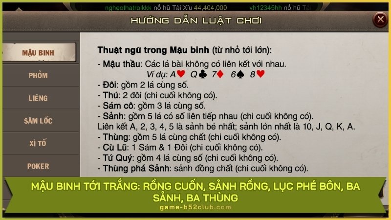 Mậu Binh Tới Trắng: Rồng Cuốn, Sảnh Rồng, Lục Phé Bôn, Ba Sảnh, Ba Thùng — Thắng ngay không cần so chi!