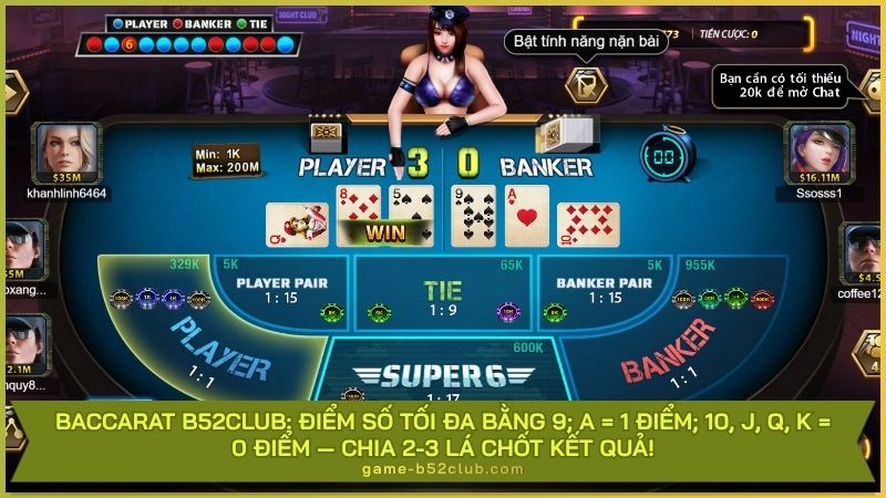 Baccarat B52Club: Điểm số tối đa bằng 9; A = 1 điểm; 10, J, Q, K = 0 điểm — Chia 2-3 lá chốt kết quả!